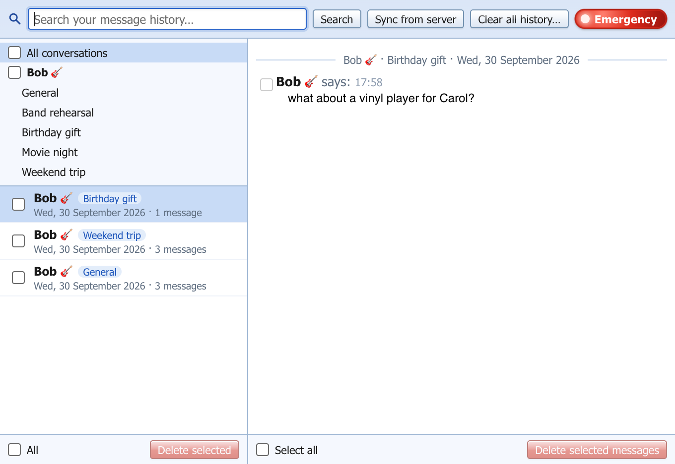Message History with topics and the Emergency button